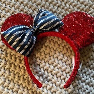 Minnie Mouse ears headband, red sequins with blue satin bow